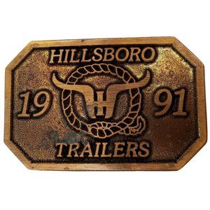 Hillsboro Trailers Belt Buckle 1991 Cattle Trucker Cowboy Kansas Vintage Brass